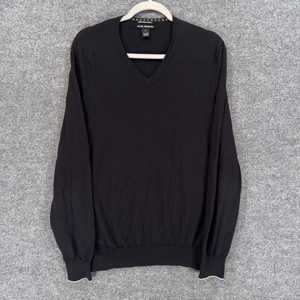 Club Monaco Sweater Mens Large Black Italian Merino Wool Vneck Pullover Classic